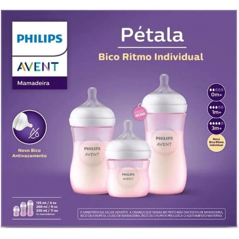 KIT 3 MAMADEIRAS ANTI-COLIC PETALA 125/260/330ML ROSA PHILIPS AVENT SCD838/28