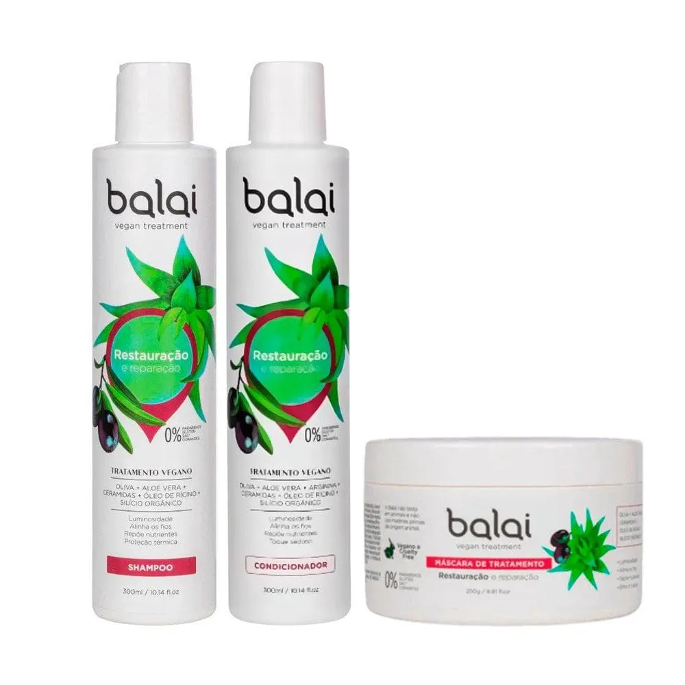 KIT BALAI RESTAURAçãO E REPARAçãO (SHAMPOO + CONDICIONADOR + MáSCARA)