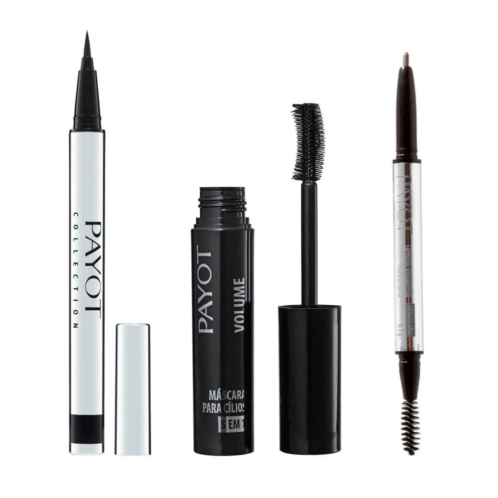 KIT MAQUIAGEM PAYOT CANETA DELINEADORA SILVER PRETA + LAPISEIRA SOBRANCELHA CASTANHO ESCURO + MáSCARA PARA CILIOS 5 EM 1 VOLUME
