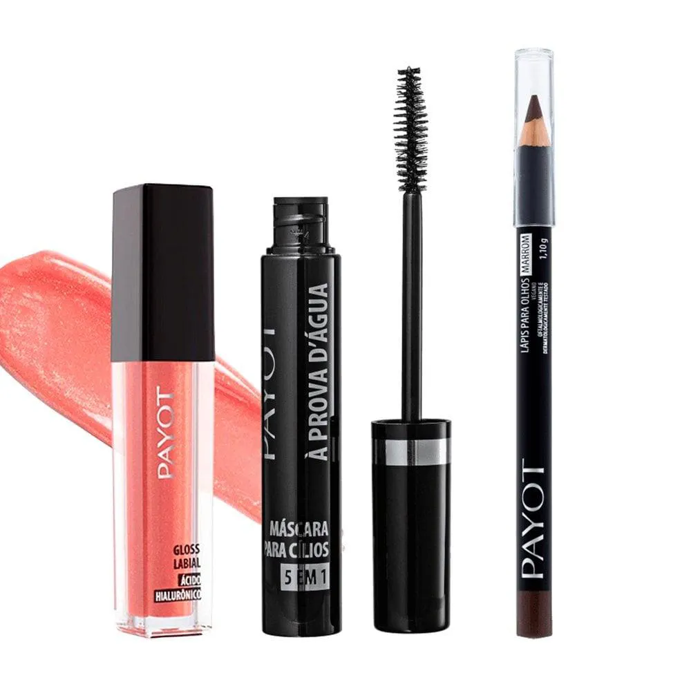 KIT MAQUIAGEM PAYOT GLOSS LABIAL ÁCIDO HIALURôNICO IBIZA + MáSCARA PARA CILIOS 5 EM 1 PROVA D`áGUA + LáPIS DE OLHOS MARROM