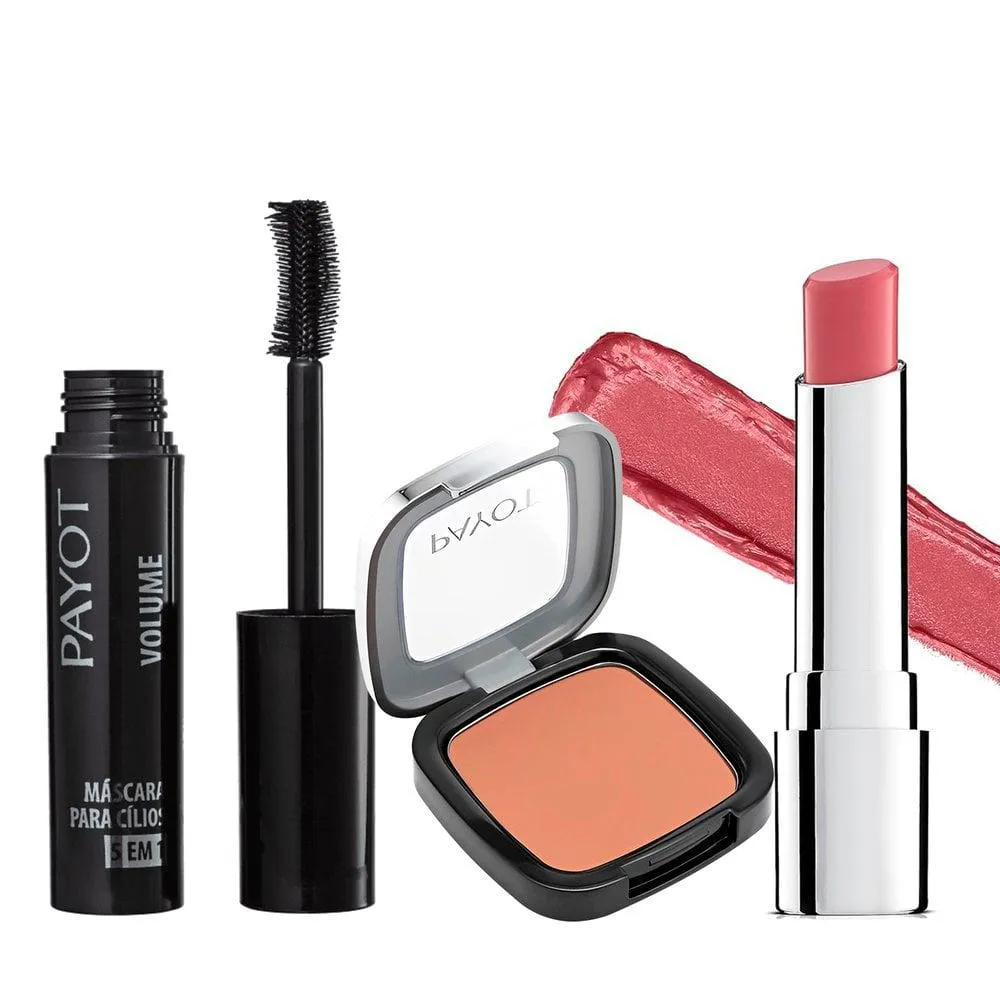 KIT MAQUIAGEM PAYOT MáSCARA PARA CILIOS 5 EM 1 VOLUME + BATOM HIDRATANTE ROSA CHá + BLUSH RETINOL PêSSEGO