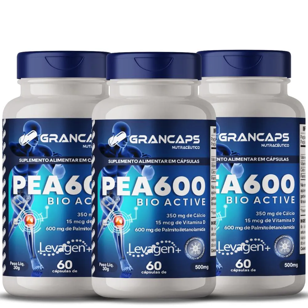 KIT 3X PEA 600 BIO ACTIVE ANALGéSICO 60 CáPSULAS 500MG GRANCAPS