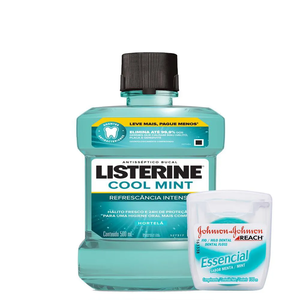 KIT ENXAGUANTE BUCAL LISTERINE COOL MINT LEVE 500ML E PAGUE 350ML + FIO DENTAL J&J REACH ESSENCIAL MENTA 100M