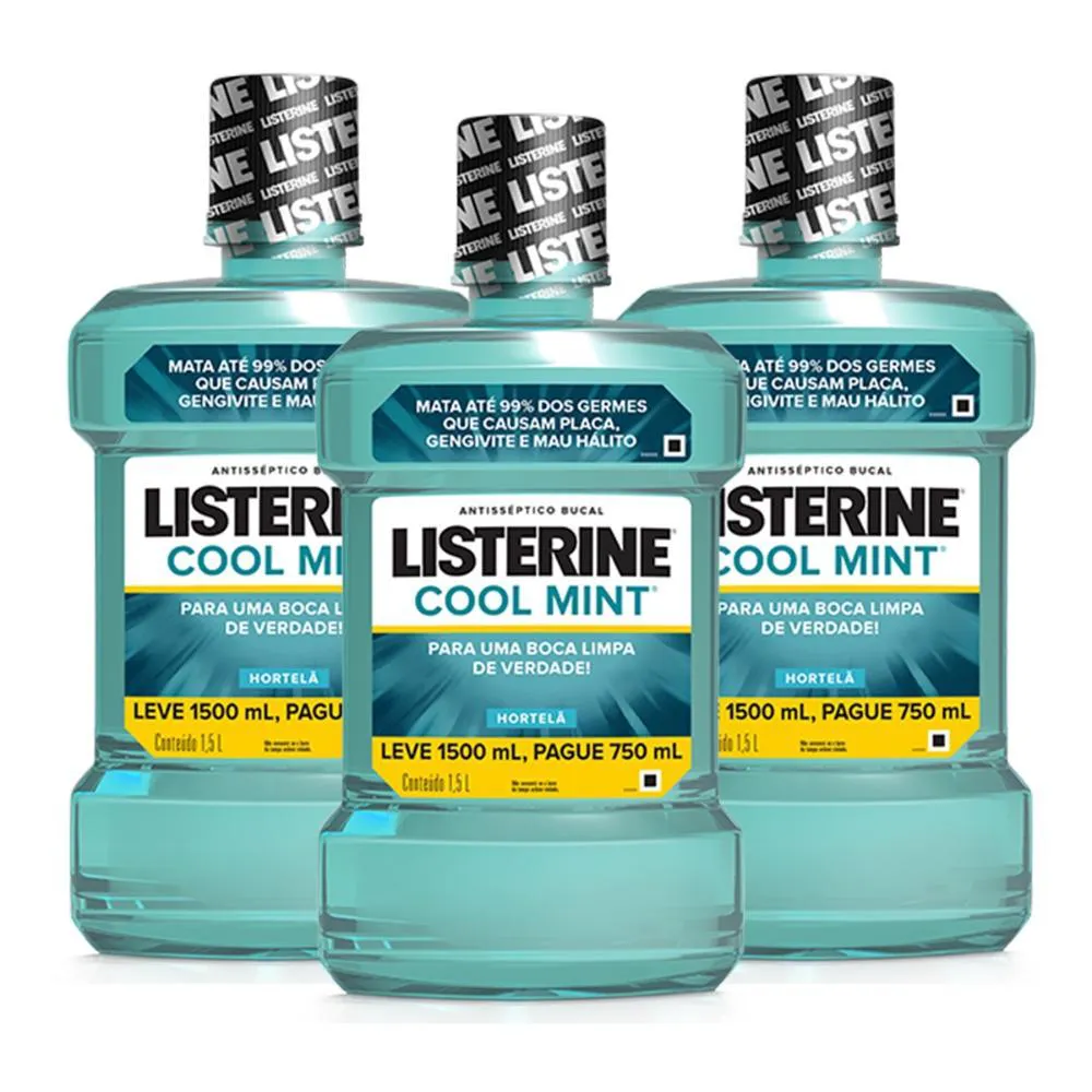 KIT ANTISSéPTICO BUCAL LISTERINE COOL MINT LEVE 1,5L E PAGUE 750ML COM 3 UNIDADES