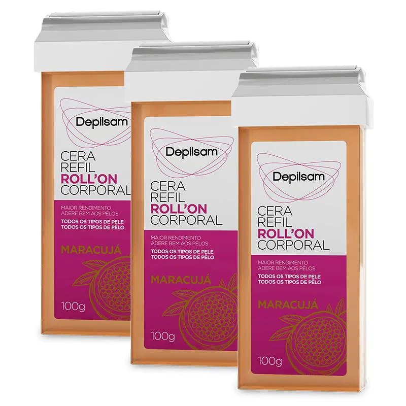 KIT CERA REFIL ROLL-ON CORPORAL DEPILSAM MARACUJá 100G C/ 3 UNIDADES