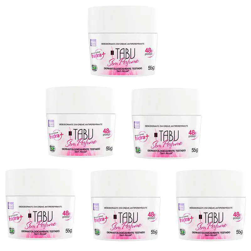 KIT DESODORANTE CREME ANTITRANSPIRANTE TABU SEM PERFUME 55G C/ 6 UNIDADES