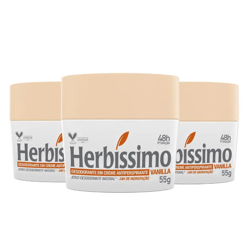 KIT DESODORANTE CREME ANTITRANSPIRANTE VANILLA HERBISSIMO 55G - 3 UNIDADES