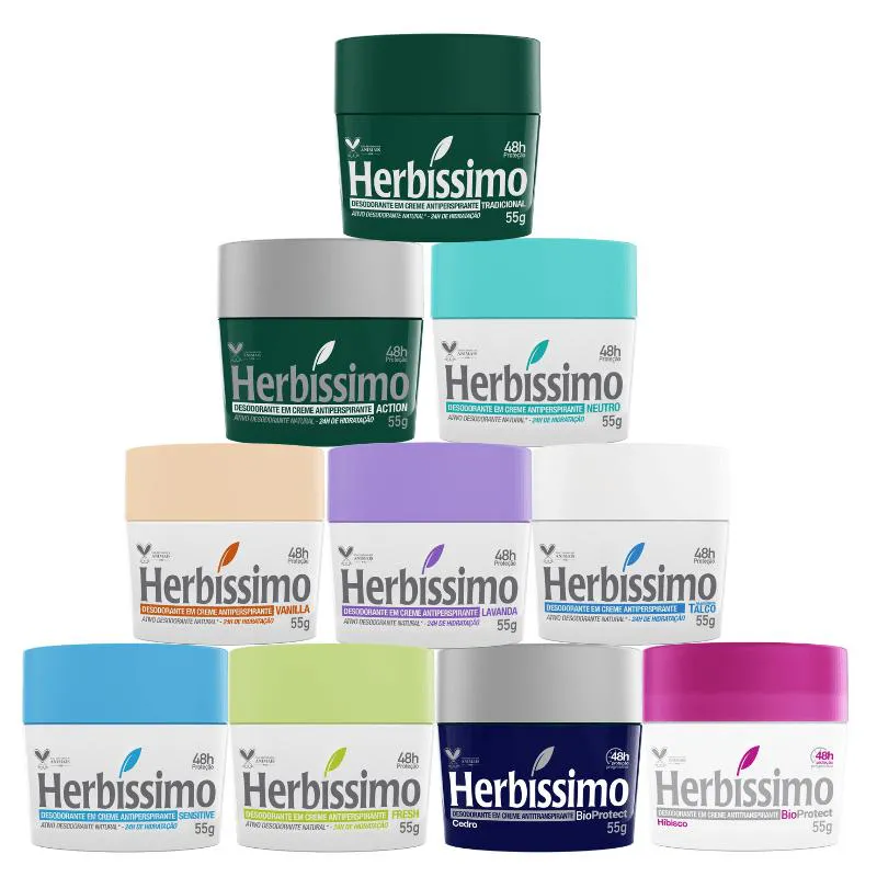 KIT DESODORANTE CREME ANTITRANSPIRANTE HERBISSIMO DIVERSOS 55G - 10 UNIDADES