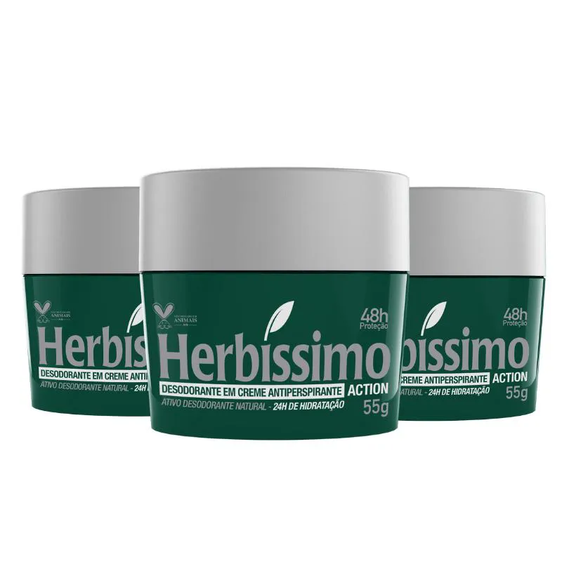 KIT DESODORANTE CREME ANTITRANSPIRANTE ACTION HERBISSIMO 55G - 3 UNIDADES