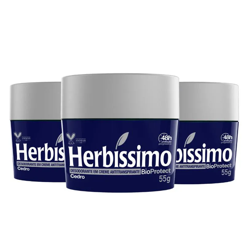 KIT DESODORANTE CREME ANTITRANSPIRANTE BIOPROTECT CEDRO HERBíSSIMO  55G - 3 UNIDADES