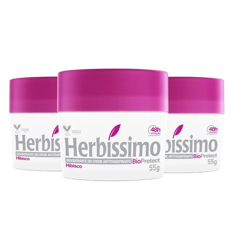 KIT DESODORANTE CREME ANTITRANSPIRANTE BIOPROTECT HIBISCO HERBíSSIMO 55G - 3 UNIDADES