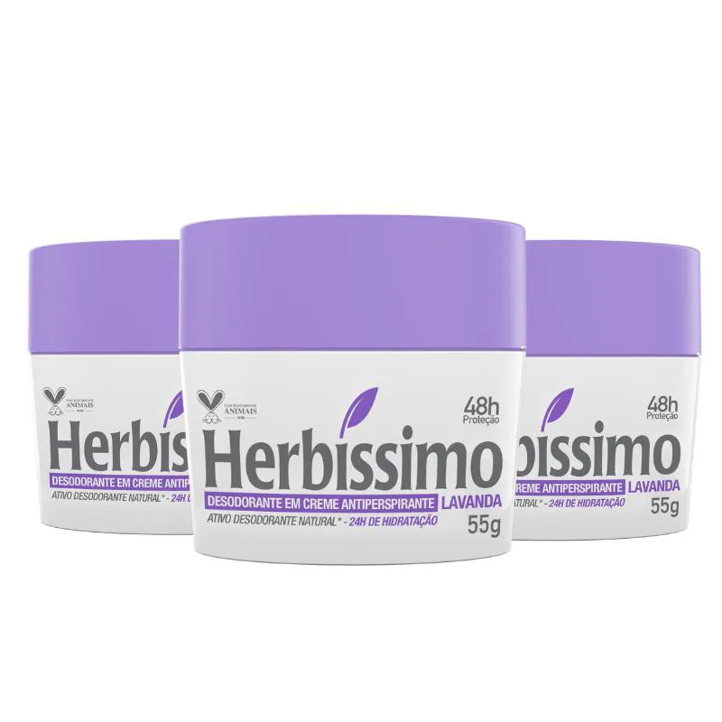 KIT DESODORANTE CREME ANTITRANSPIRANTE LAVANDA HERBISSIMO 55G - 3 UNIDADES