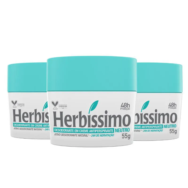 KIT DESODORANTE CREME ANTITRANSPIRANTE NEUTRO HERBISSIMO 55G - 3 UNIDADES