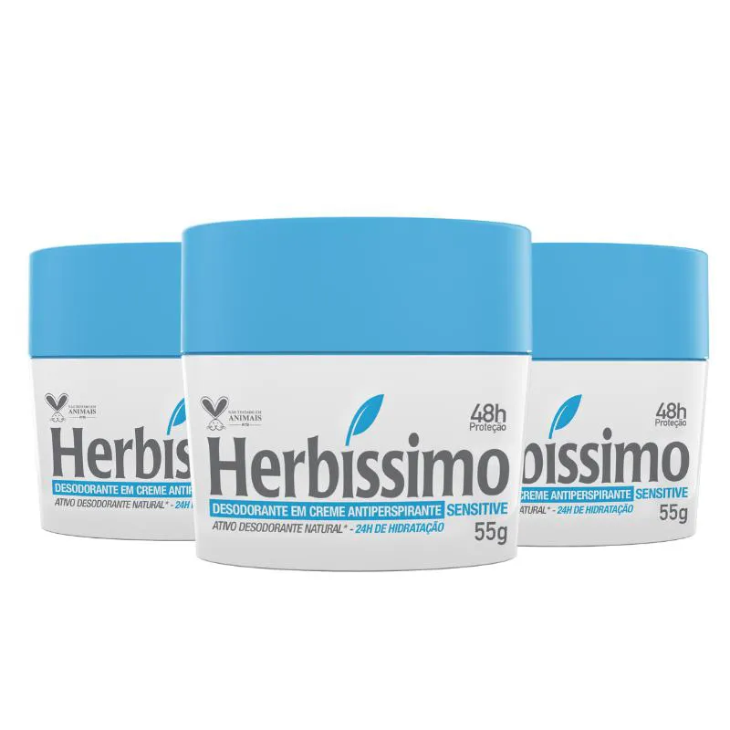 KIT DESODORANTE CREME ANTITRANSPIRANTE SENSITIVE HERBISSIMO 55G - 3 UNIDADES