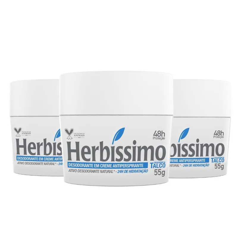 KIT DESODORANTE CREME ANTITRANSPIRANTE TALCO HERBISSIMO 55G - 3 UNIDADES