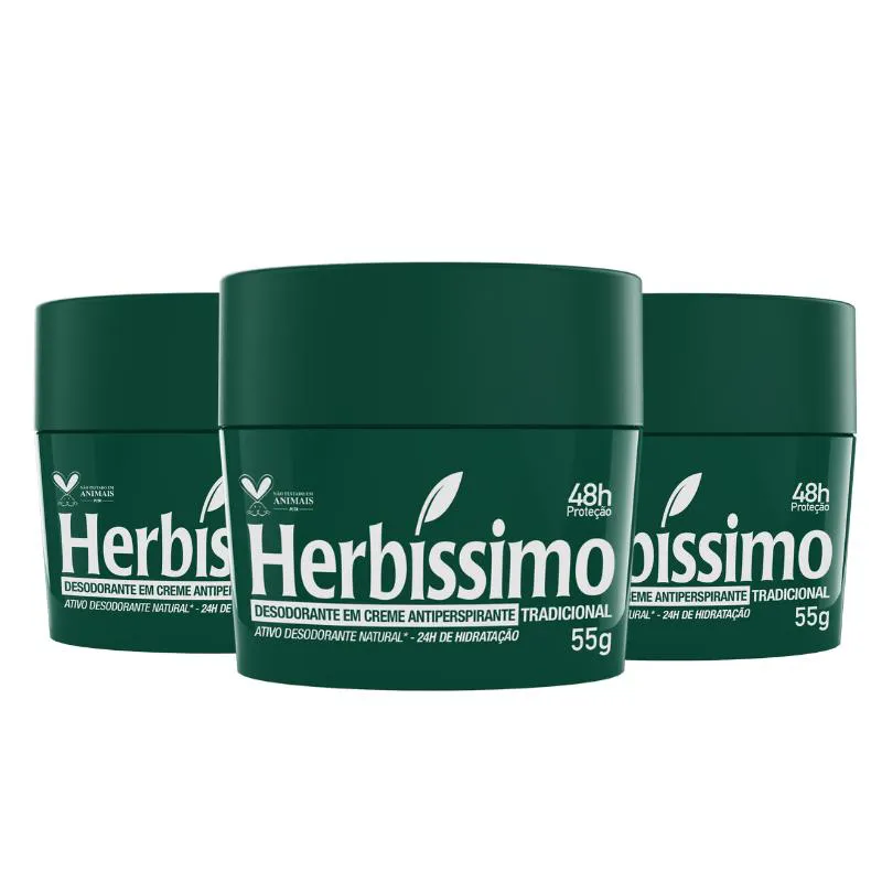 KIT DESODORANTE CREME ANTITRANSPIRANTE TRADICIONAL HERBISSIMO 55G - 3 UNIDADES