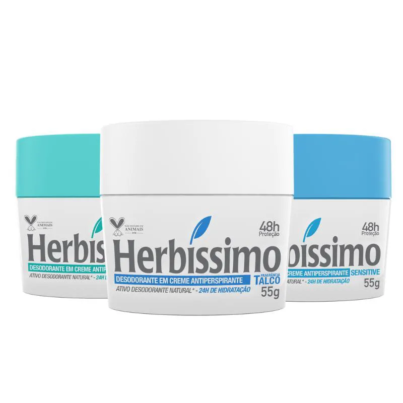 KIT DESODORANTE CREME ANTITRANSPIRANTE NEUTRO TALCO E SENSITIVE HERBISSIMO 55G - 3 UNIDADES