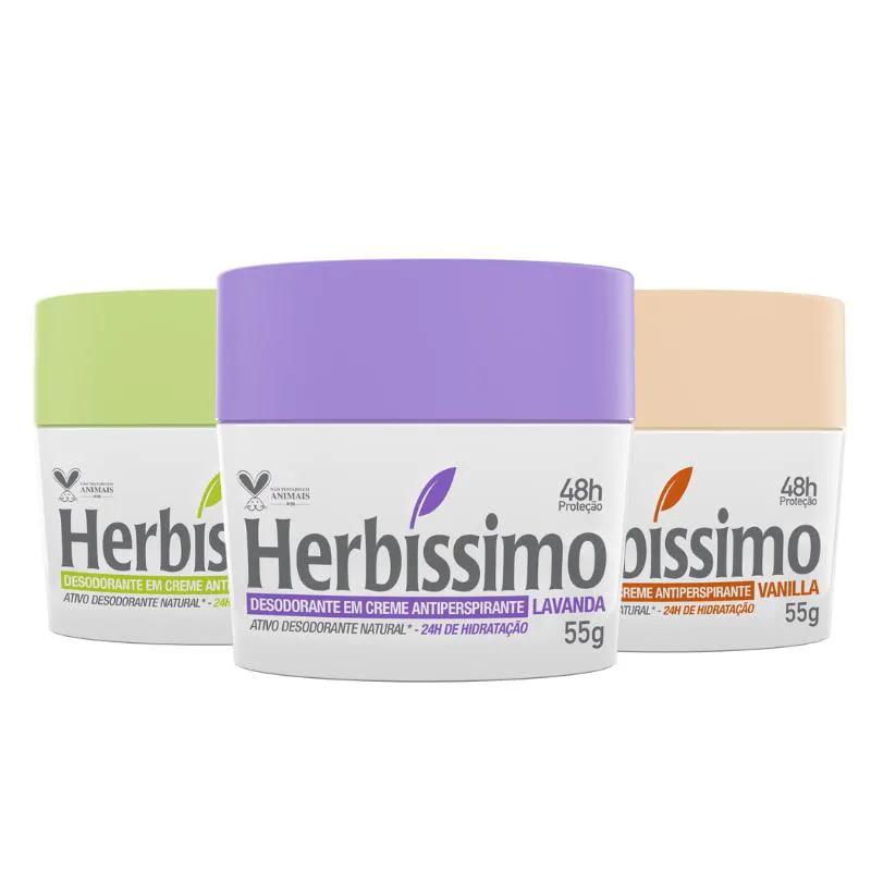 KIT DESODORANTE CREME ANTITRANSPIRANTE LAVANDA, VANILLA E FRESH HERBISSIMO 55G - 3 UNIDADES