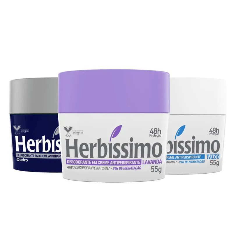 KIT DESODORANTE CREME ANTITRANSPIRANTE TALCO, LAVANDA E CEDRO HERBISSIMO 55G - 3 UNIDADES