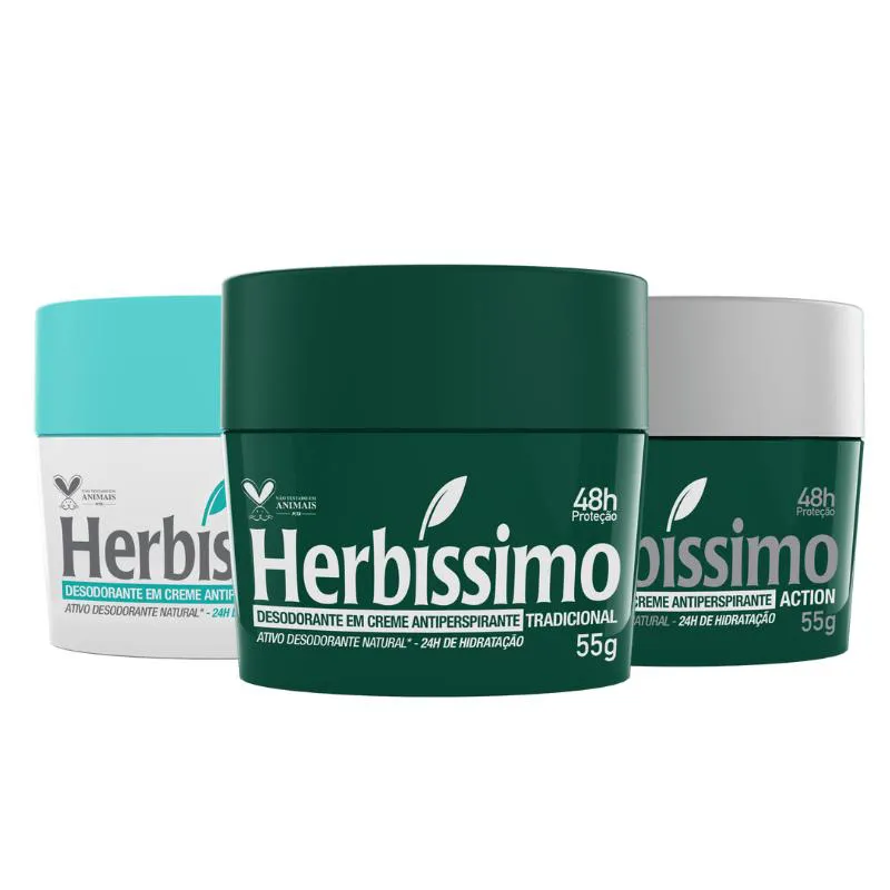 KIT DESODORANTE CREME ANTITRANSPIRANTE TRADICIONAL, ACTION E NEUTRO HERBISSIMO 55G - 3 UNIDADES