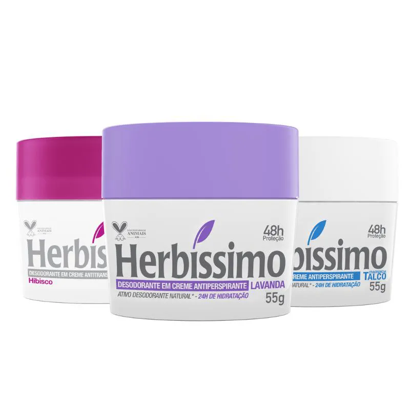 KIT DESODORANTE CREME ANTITRANSPIRANTE LAVANDA, TALCO E HIBISCO HERBíSSIMO 55G - 3 UNIDADES