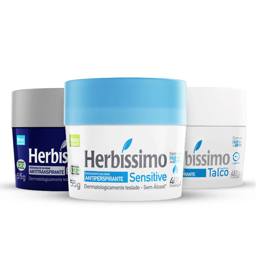 KIT DESODORANTE CREME ANTITRANSPIRANTE SENSITIVE, TALCO E CEDRO HERBíSSIMO 55G - 3 UNIDADES