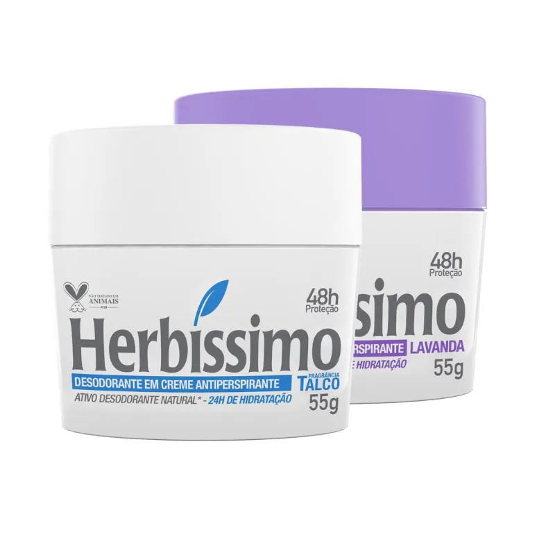 KIT DESODORANTE CREME ANTITRANSPIRANTE HERBISSIMO 55G TALCO E LAVANDA - 2 UNIDADES