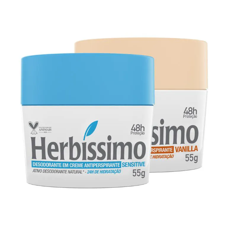 KIT DESODORANTE CREME ANTITRANSPIRANTE HERBISSIMO 55G SENSITIVE E VANILLA - 2 UNIDADES