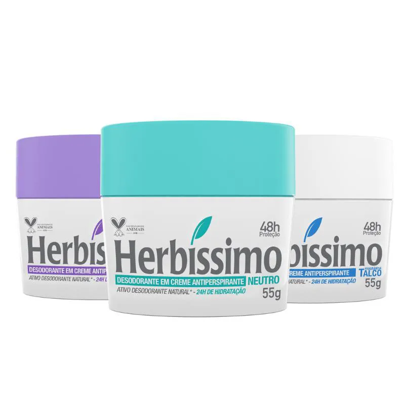 KIT DESODORANTE CREME ANTITRANSPIRANTE HERBISSIMO 55G LAVANDA, NEUTRO E TALCO - 3 UNIDADES