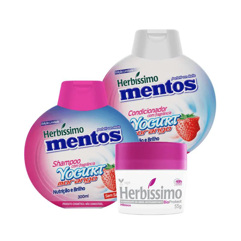 KIT HERBISSIMO MENTOS SHAMPOO E CONDICIONADOR YOGURT MORANGO + DESODORANTE HERBíSSIMO HIBISCO 55G