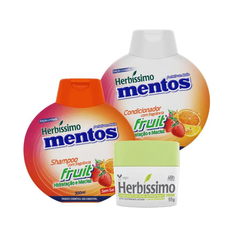 KIT HERBISSIMO MENTOS SHAMPOO E CONDICIONADOR FRUIT + DESODORANTE HERBíSSIMO FRESH 55G
