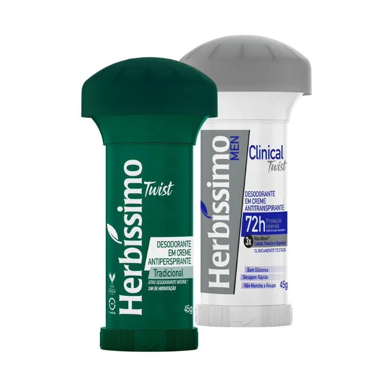 KIT DESODORANTE TWIST ANTITRANSPIRANTE HERBISSIMO TRADICIONAL E CLINICAL MEN 45G C/2 UNIDADES