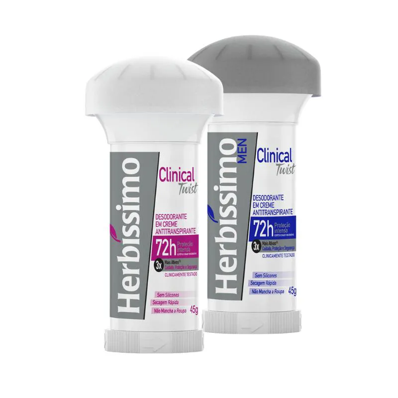 KIT DESODORANTE TWIST ANTITRANSPIRANTE HERBISSIMO CLINICAL ROSA E MEN 45G C/2 UNIDADES