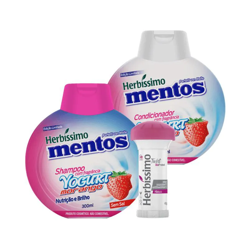 KIT HERBISSIMO MENTOS SHAMPOO E CONDICIONADOR YOGURT MORANGO + DESODORANTE HERBíSSIMO TWIST HIBISCO 45G