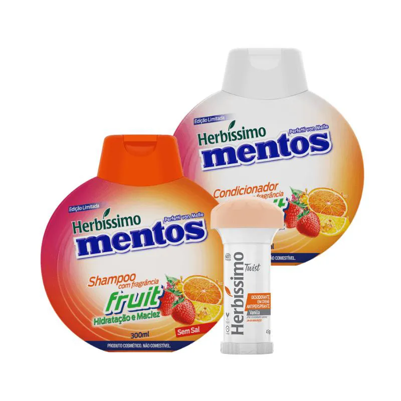 KIT HERBISSIMO MENTOS SHAMPOO E CONDICIONADOR FRUIT + DESODORANTE HERBíSSIMO TWIST VANILLA 45G