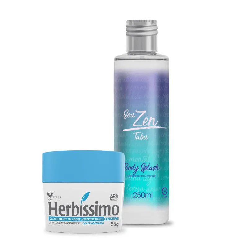 KIT BODY SPLASH DEO TABU 250ML ZEN E DESODORANTE CREME SENSITIVE HERBISSIMO 55G