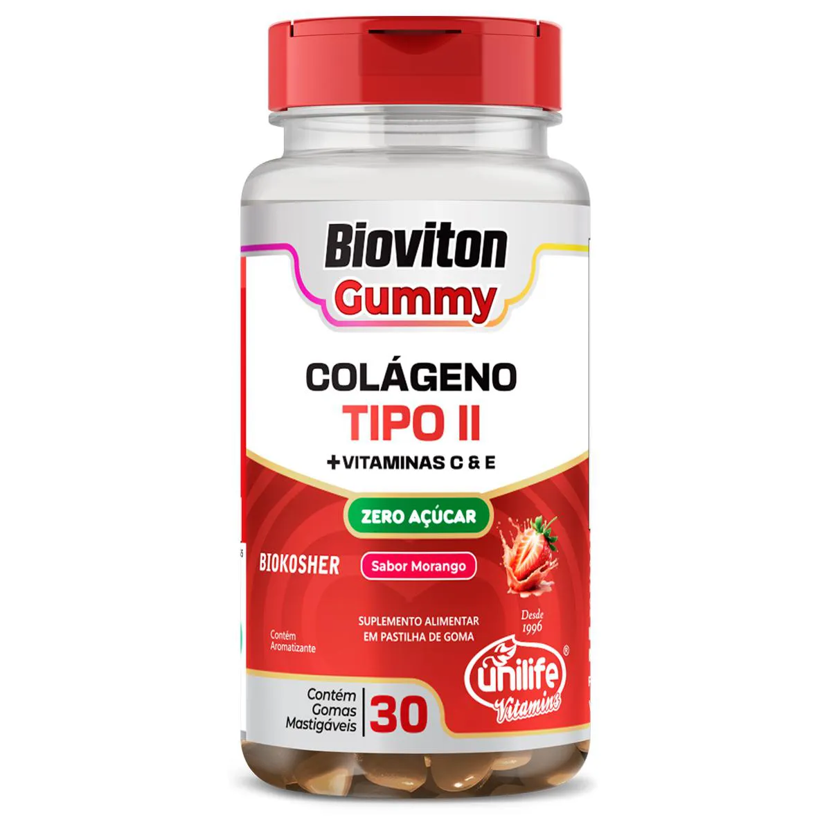 GUMMY COLáGENO TIPO II MORANGO UNILIFE 30 GOMAS