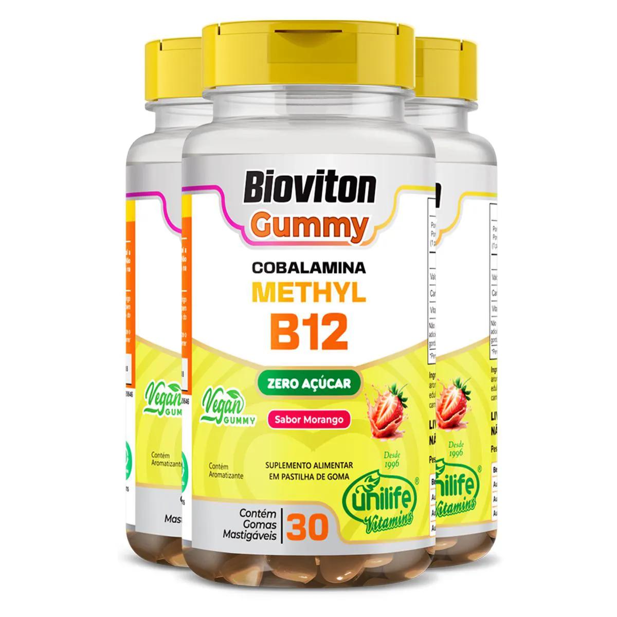 KIT 3 GUMMY VITAMINA B12 METHYL UNILIFE 30 GOMAS MORANGO