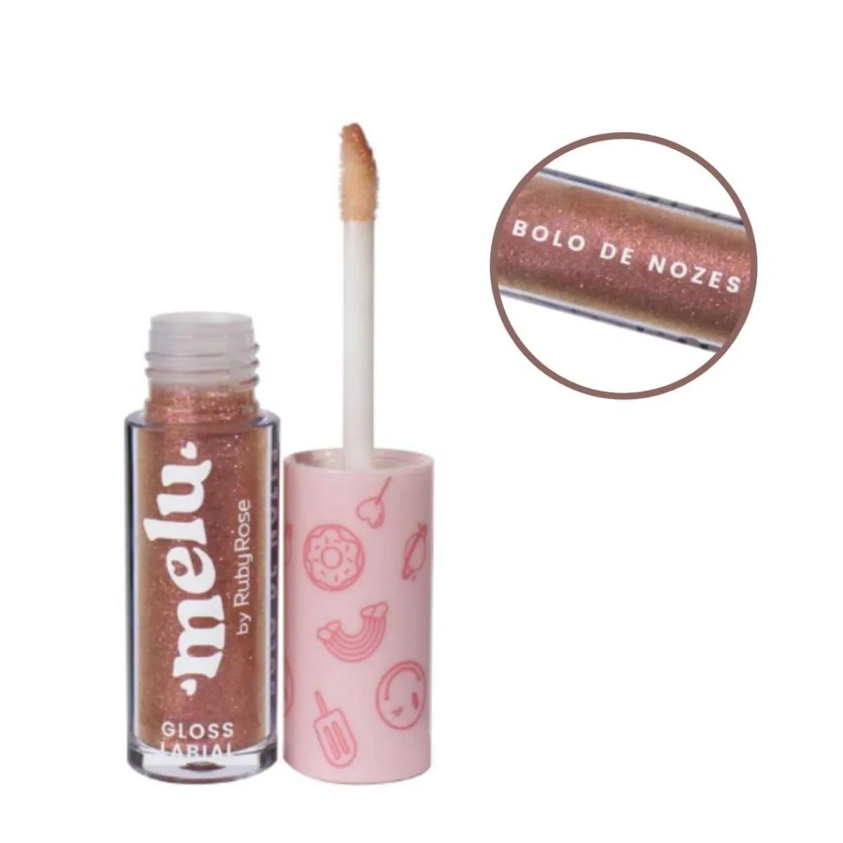 GLOSS LABIAL COM GLITTER MELU RUBY ROSE 04 Bolo Nozes