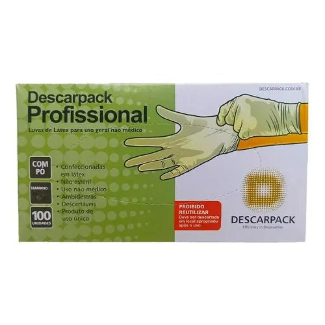 LUVA DE LáTEX PROFISSIONAL COM Pó G DESCARPACK 100 UNIDADES