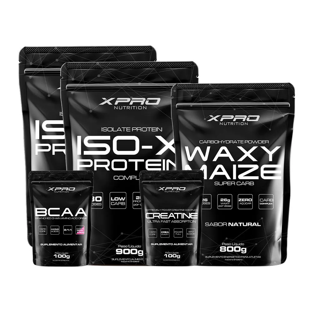 KIT 2X WHEY PROTEIN ISO-X COMPLEX 900G + BCAA 100G + CREATINA 100G + WAXY MAIZE 800G -XPRO NUTRITION Coco