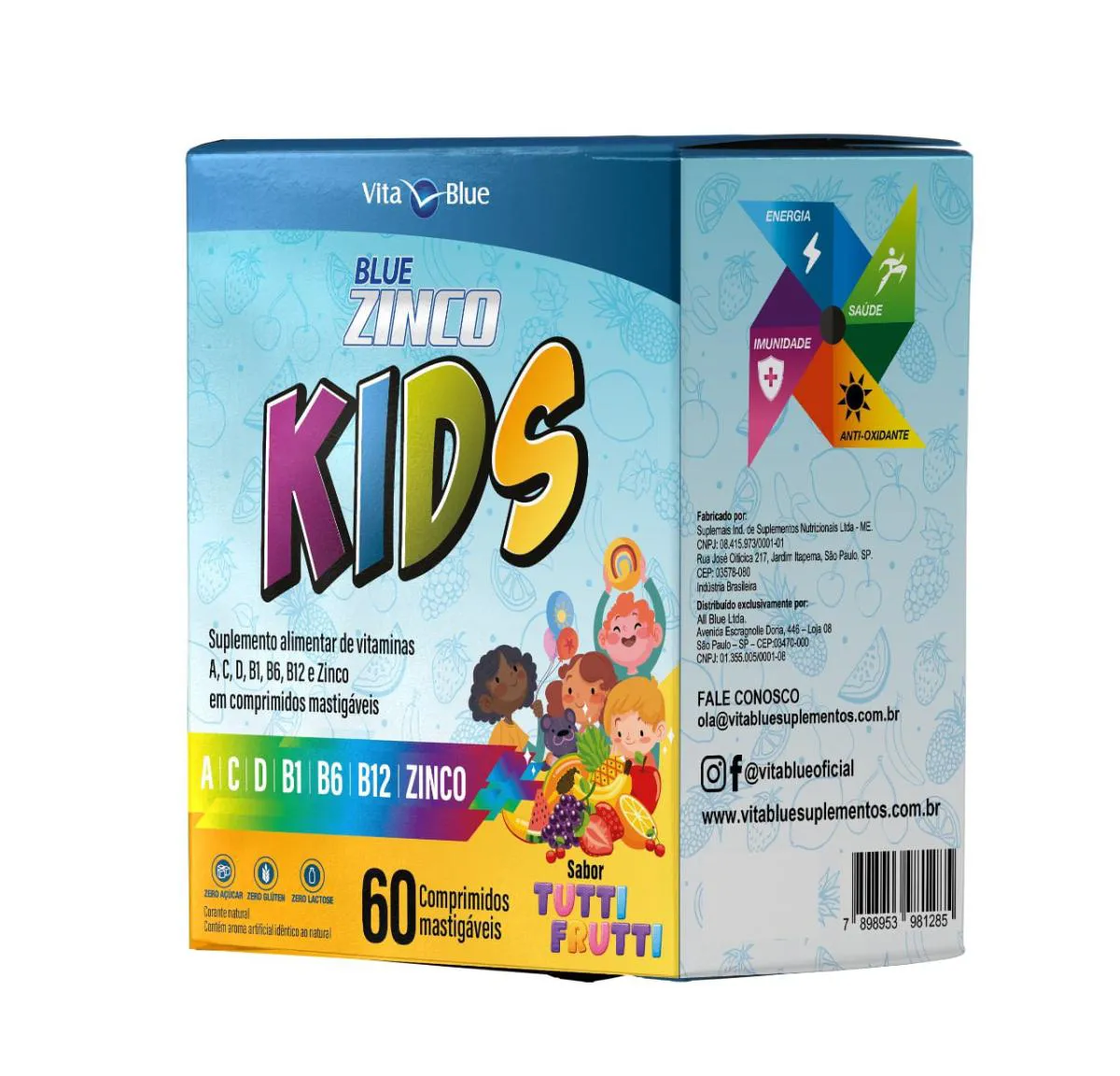 BLUE ZINCO KIDS C/60 COMPRIMIDOS MASTIGáVEIS SABOR TUTTI FRUTTI - VITA BLUE