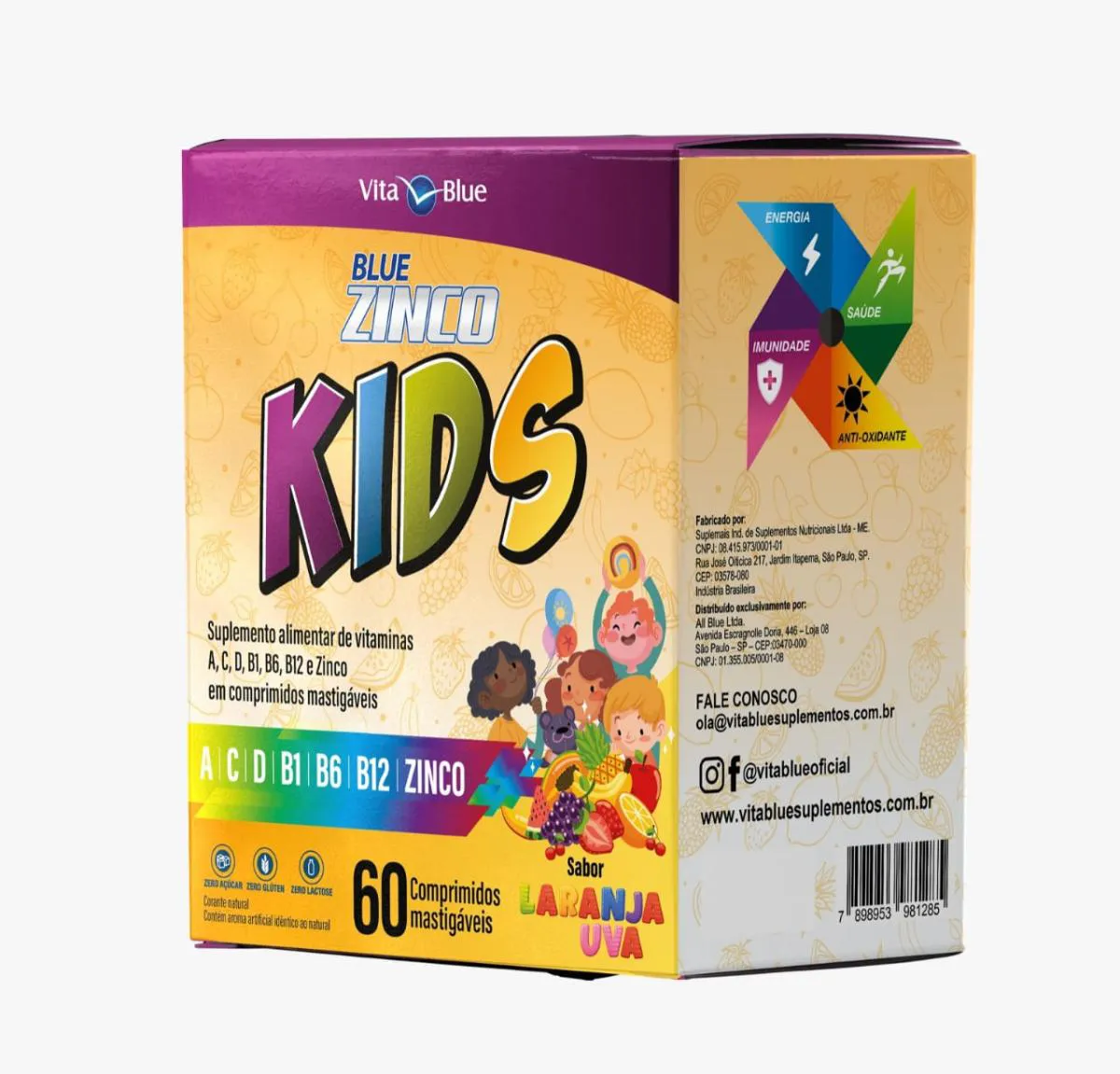 BLUE ZINCO KIDS C/60 COMPRIMIDOS MASTIGáVEIS SABOR LARANJA E UVA - VITA BLUE