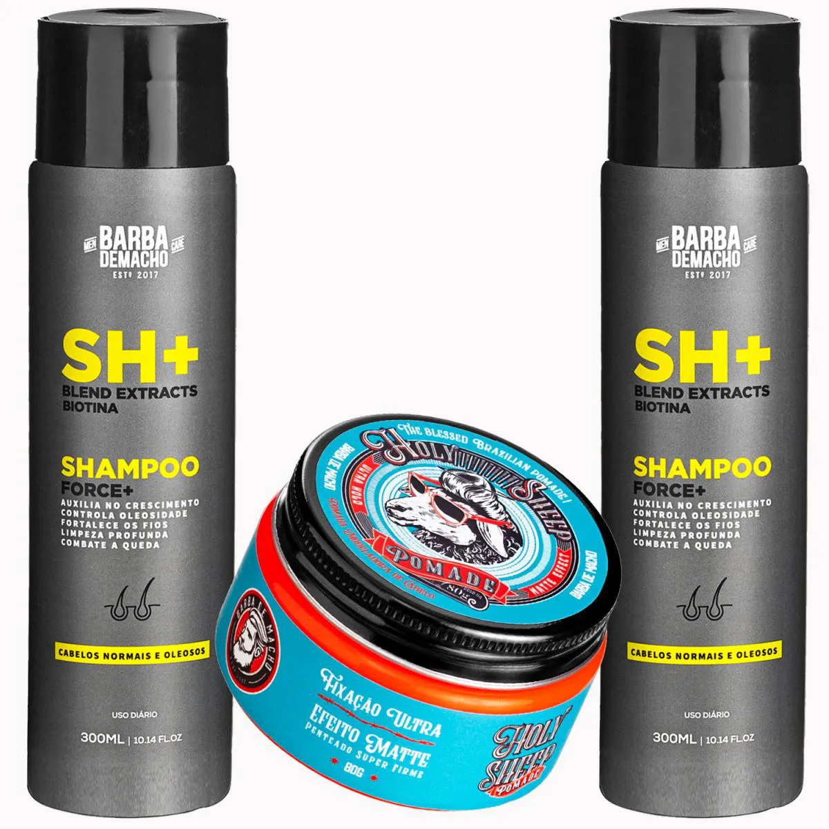 KIT 2 SHAMPOO FORCE+ ANTIQUEDA E POMADA HOLY SHEEP MATTE 80G