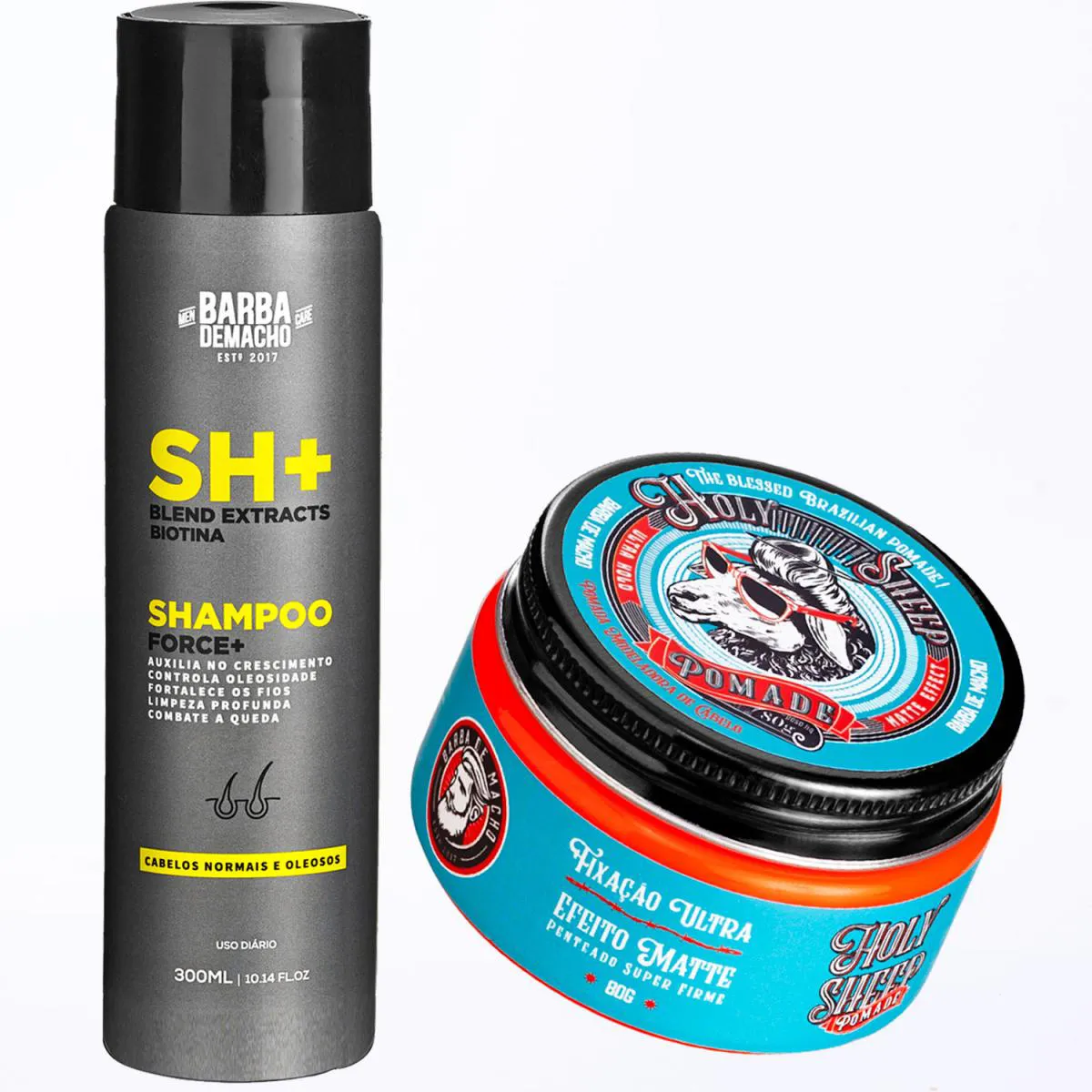 KIT XAMPU FORCE+ ANTI QUEDA E POMADA HOLY SHEEP ULTRA HOLD