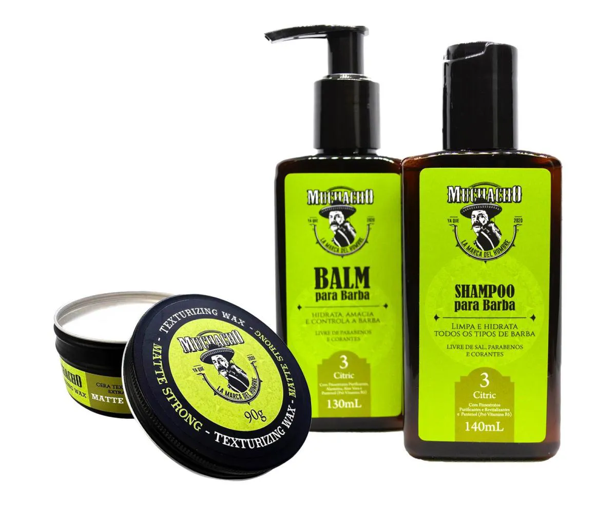 KIT BARBA E CABELO - SHAMPOO E BALM PARA BARBA + CERA MODELADORA MATTE EFEITO SECO MUCHACHO CITRIC