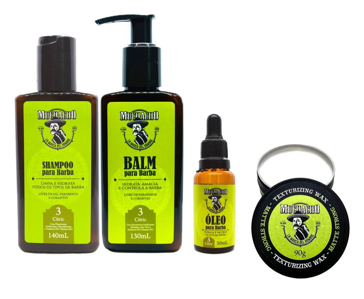 KIT COMPLETO BARBA E CABELO - SHAMPOO, BALM E ÓLEO PARA BARBA + POMADA MODELADORA MATTE EFEITO SECO MUCHACHO CITRIC