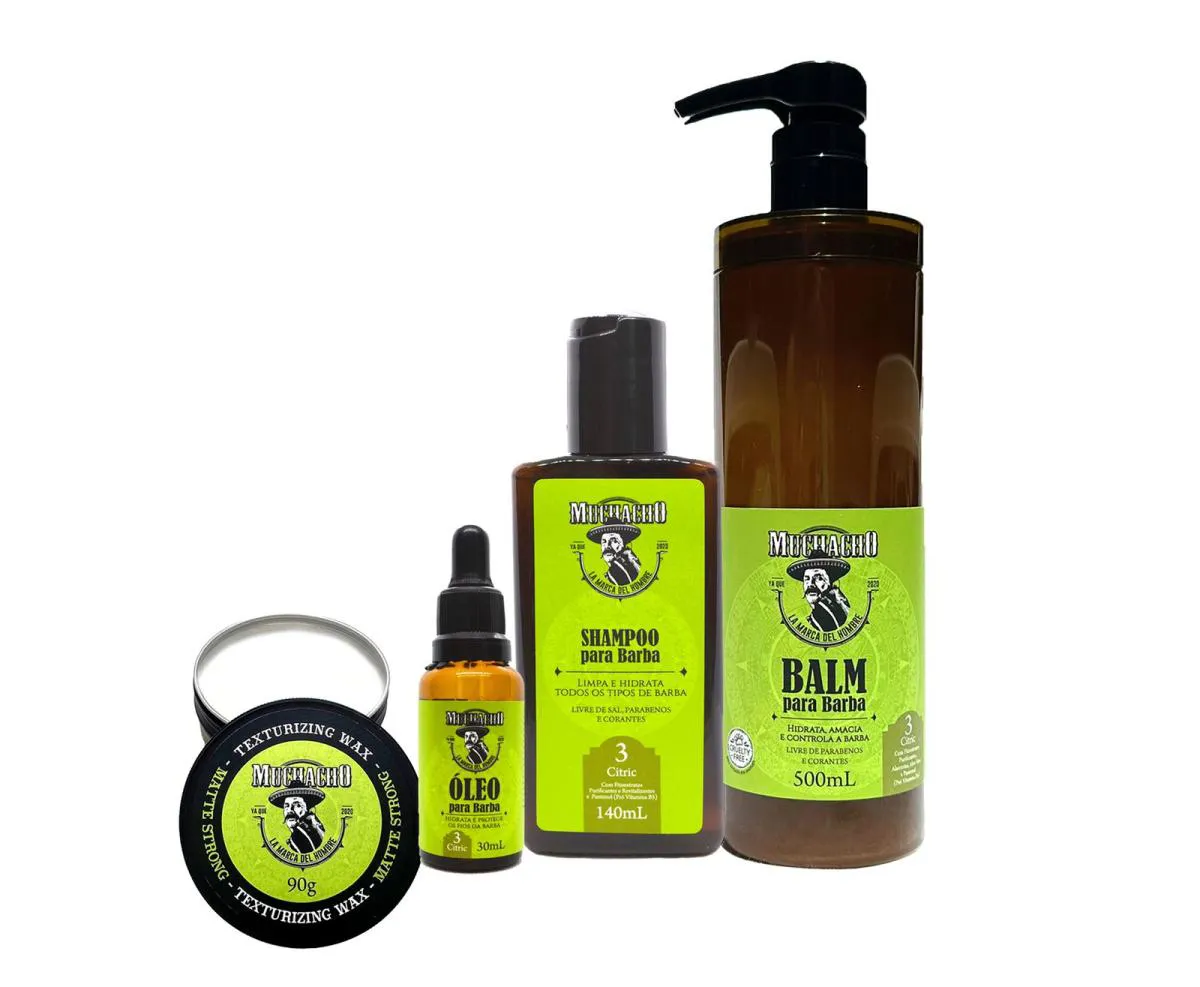 KIT COMPLETO BARBA E CABELO - SHAMPOO, BALM DE 500ML E ÓLEO PARA BARBA + POMADA MATTE EFEITO SECO MUCHACHO CITRIC