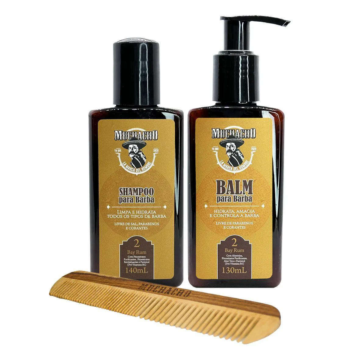 KIT SHAMPOO PARA BARBA + BALM PARA BARBA + PENTE DUPLOS DENTES - MUCHACHO BAY RUM FRASCO