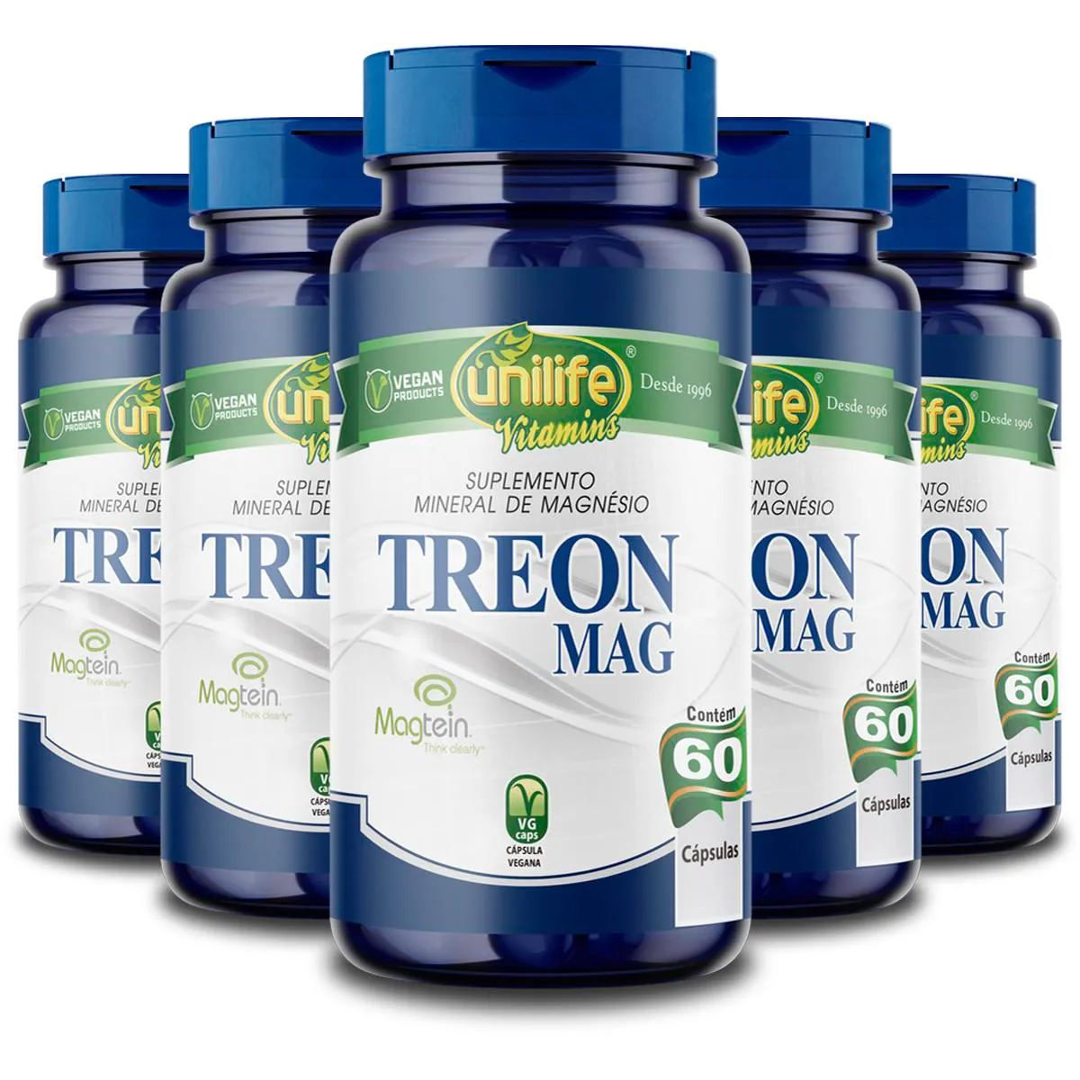 Kit 5 Treon Mag Magnésio Treonato Unilife 60 Cápsulas
